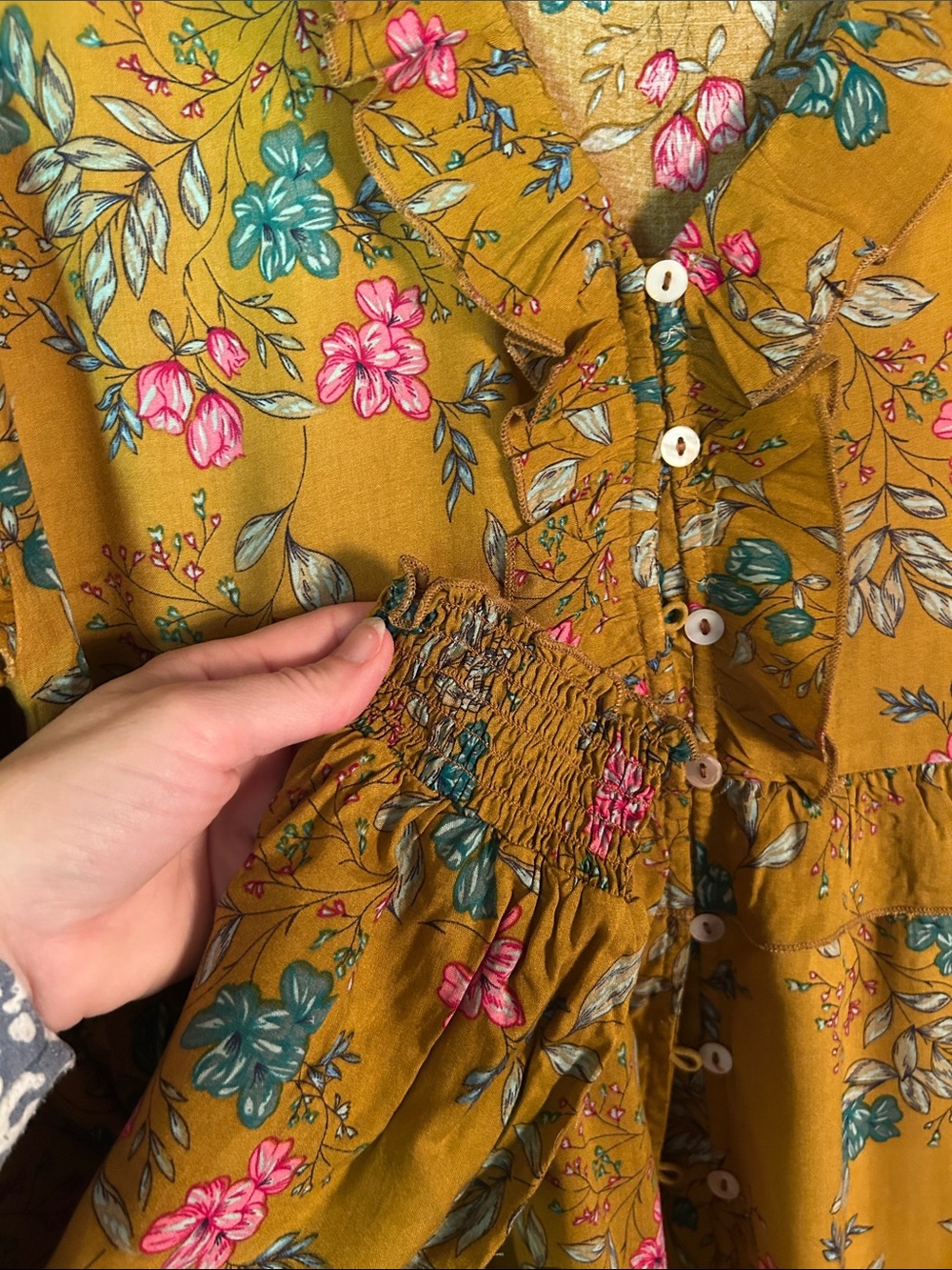 Floral Ruffle Button-Front Blouse - Mustard - Picture 3 of 4